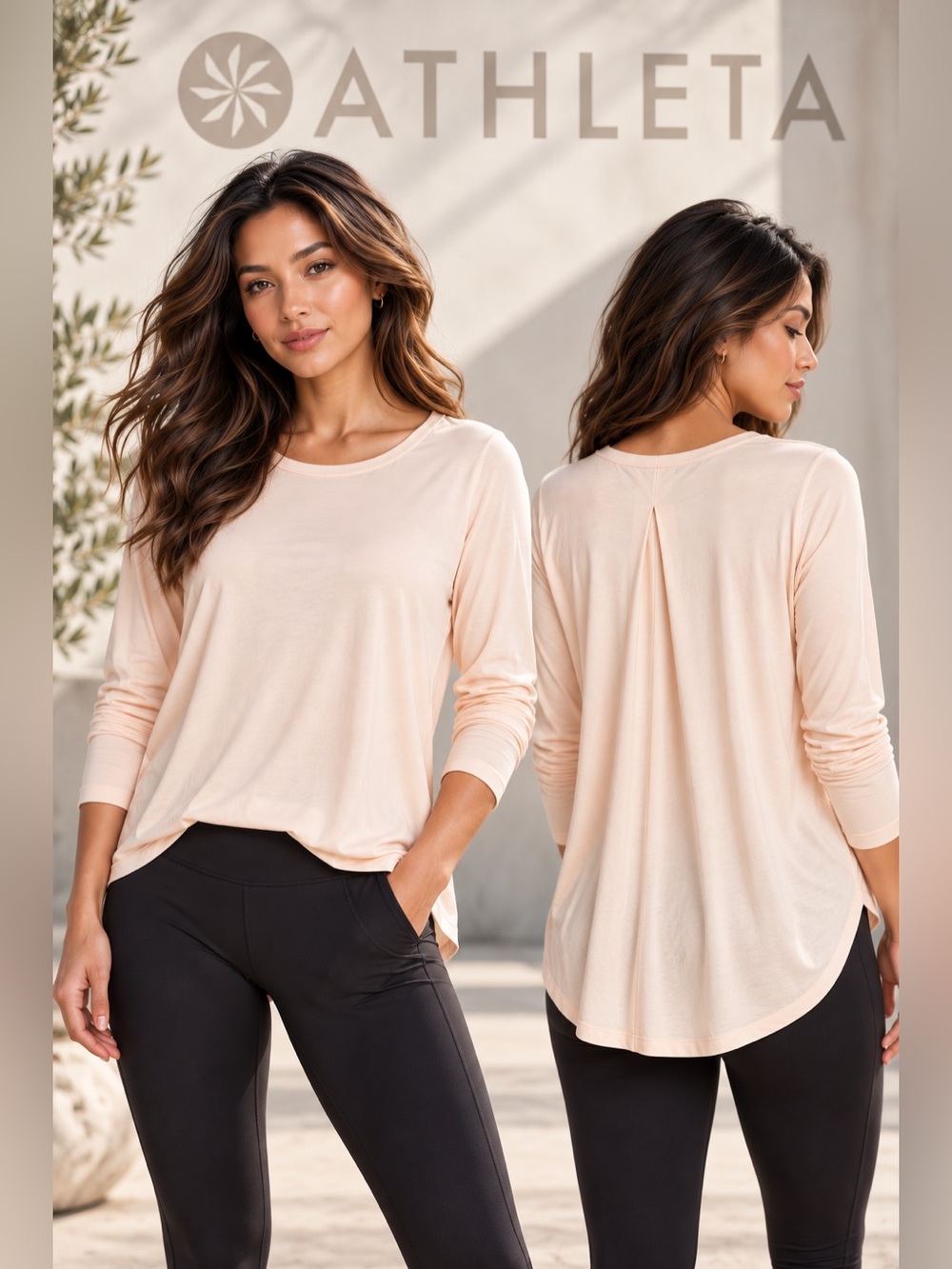 Athleta S/P Small Petite Long Sleeve Top Peach Cream Back Pleat High Low Hem